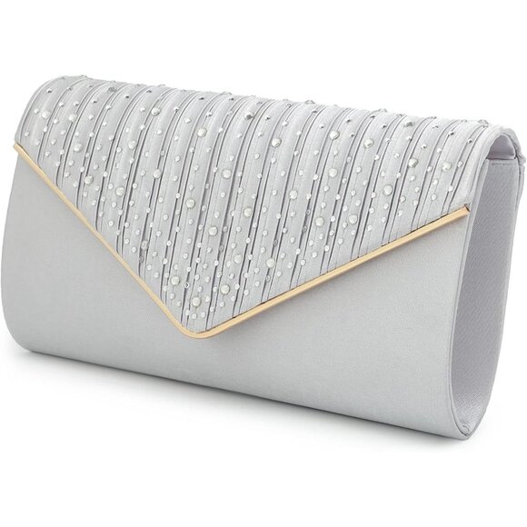 ⚡ Women's Evening Rhinestones Envelope Style Chain Strap Silver Clutch Handbag - Picture 3 of 6